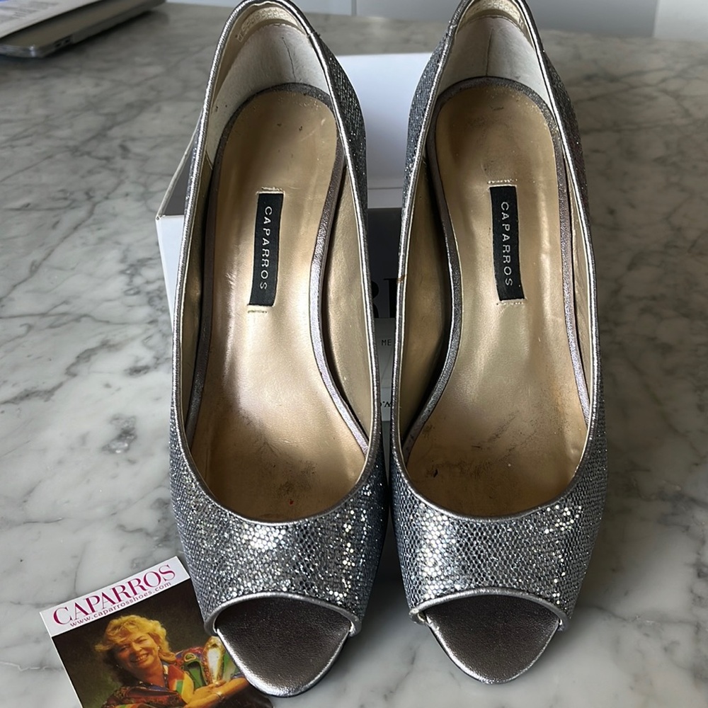 Caparros Silver Peep Toe Heels- sparkly silver wedding shoes- sz 8